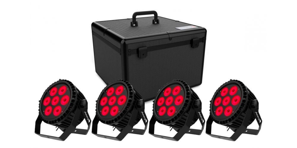 Kit 4 Audibax Water 70 Foco Par LED Exterior 70W LED RGBW - 4 en 1 + Flightcase Maleta