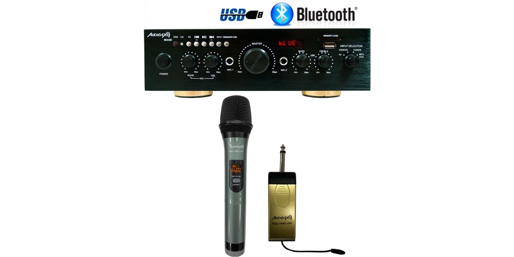 Amplificador Karaoke Bluetooth Audibax Miami 100W + 100W  + Micrófono Audibax inalambrico Free Hand UHF